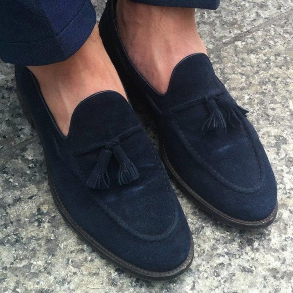 Samuel Windsor Loafers Men's Tasseled Blue Suede Shoes/Loafers (HANDMADE) - Picture 9 of 17